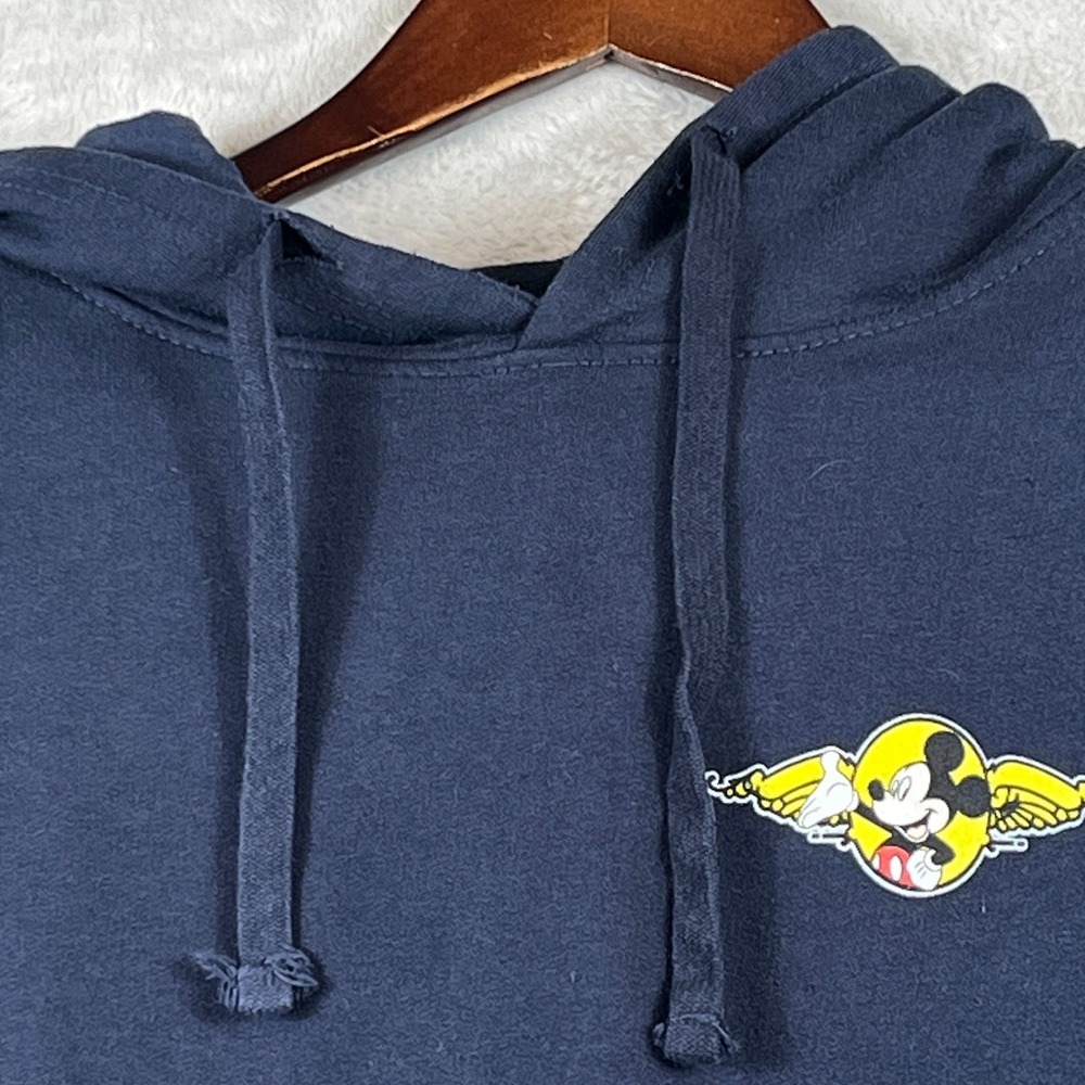 VTG Disney Mens L Pilot Mickey Mouse Hoodie Navy Graphic Pullover Y2K Wings - Picture 2 of 10